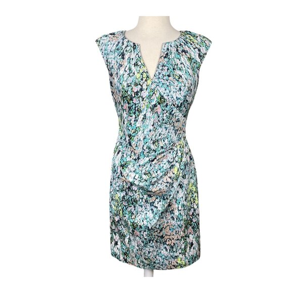 Adrianna Papell Cap Sleeve Pleated V-Neck & Waist Lined Floral Sheath Dress 10 - Picture 1 of 9
